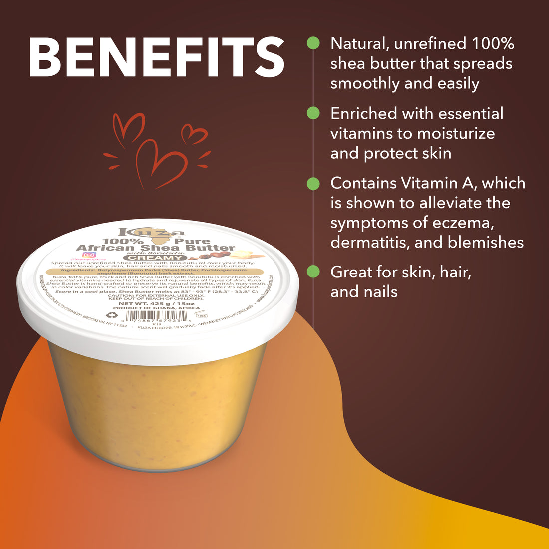 Kuza 100% Pure African Shea Butter - Creamy Yellow, 15 oz