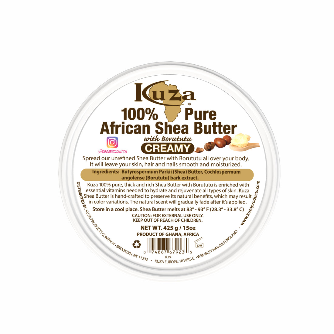 Kuza 100% Pure African Shea Butter - Creamy Yellow, 15 oz