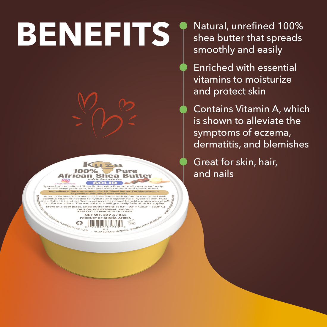 Kuza 100% Pure African Shea Butter - Solid Yellow, 8 oz
